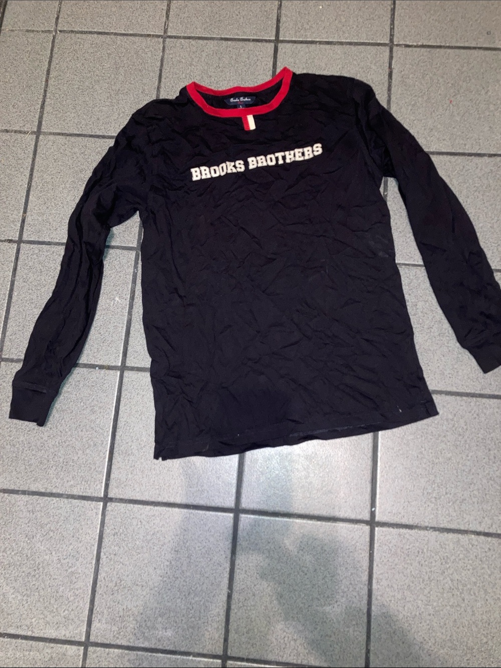 Brooks Brothers Black Long-Sleeve Tee with Red Crewneck Trim